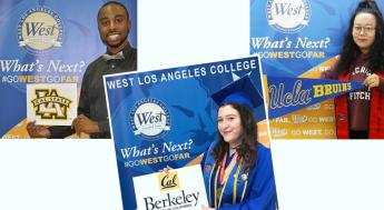 Transfer students holding university logos