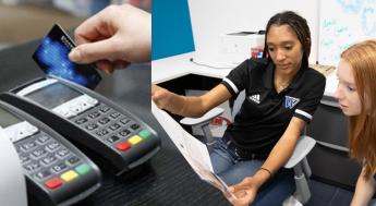 student paying fee and student being helped by staff