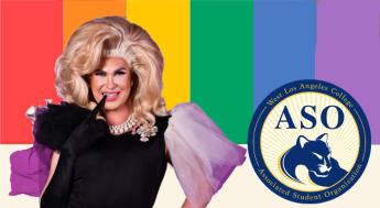 A drag queen in front of a rainbow background