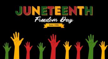hands painted red, green and gold reaching for headline that reads "Juneteenth"