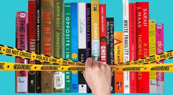 books with police tape encircling them