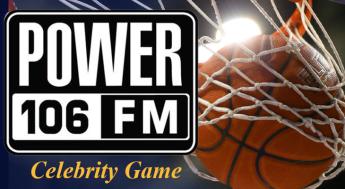 POWER 106 radio station logo and basketball hoop