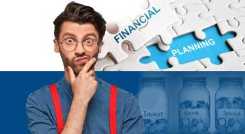 Confused man standing next to "Financial Planning"