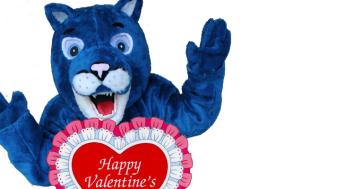 Wildcat mascot and Valentine's Day heart