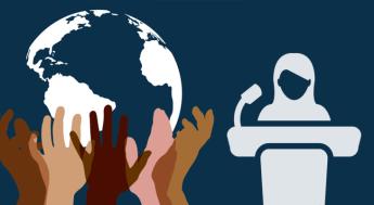 multi ethnic hands hold the earth and an icon representing a public speaker
