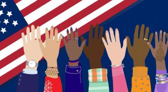multi ethnic hands in front of US flag