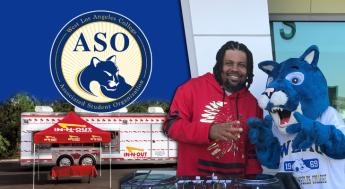 In N Out truck, Music DJ with college mascot, and ASO logo