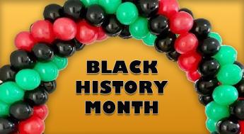 Red, Green and Black Balloons with headline "Black History Month"
