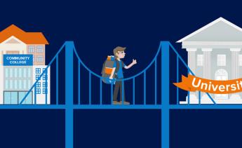 student cross a bridge between a community college and university