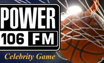 POWER 106 radio station logo and basketball hoop