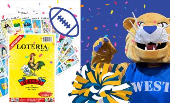 loteria cards, wildcat mascot and pom pom