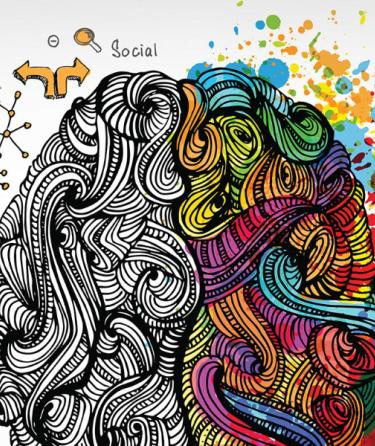 drawing of a brain surrounded by colors, words and symbols