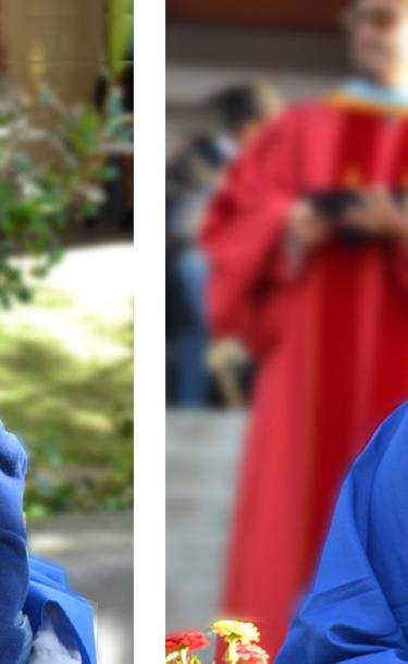 A male graduate with his children and an older female graduate with diploma