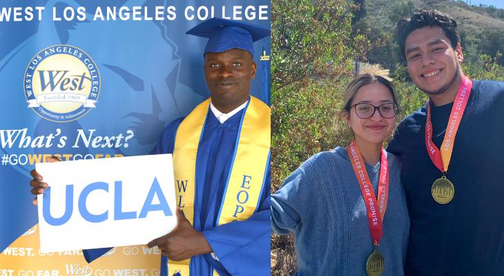 A graduate holding a UCLA sign and graduates wearing Promise Program medallions