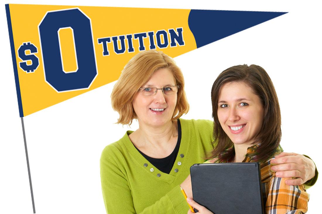 Mother and daughter under a $0 Tuition pennant