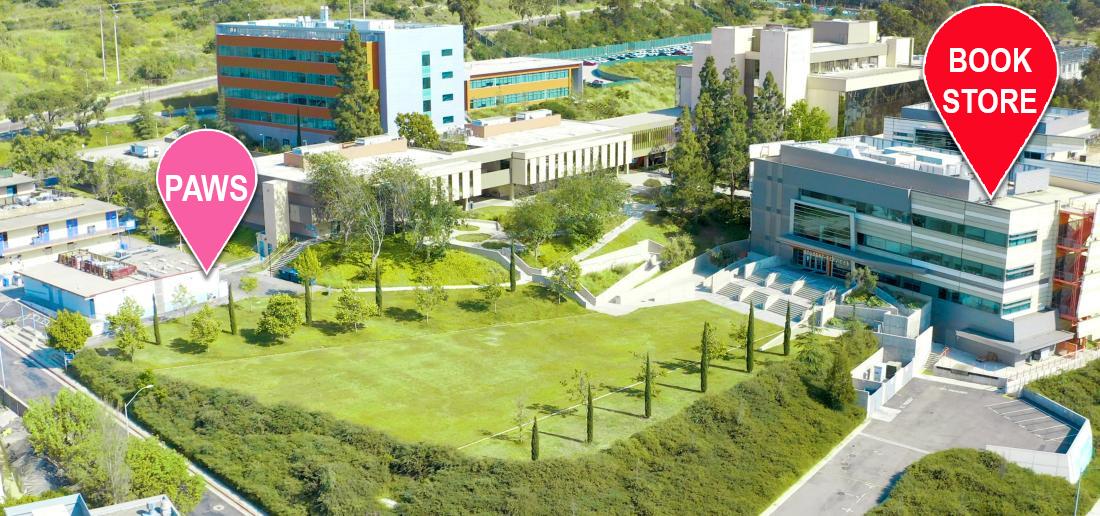 campus image with bookstore and PAWS locations highlighted