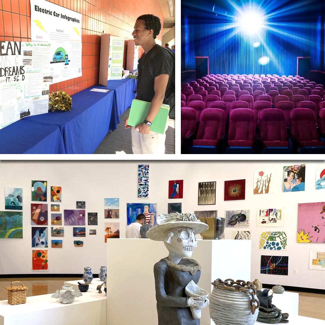 images representing the student art show, poster showcase and film screening