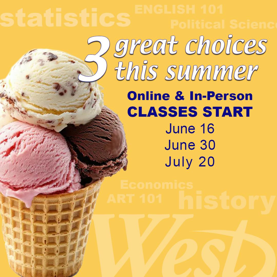 an ice cream cone with 3 scoops and a list of the three summer session start dates: June 16, June 30 and July 20