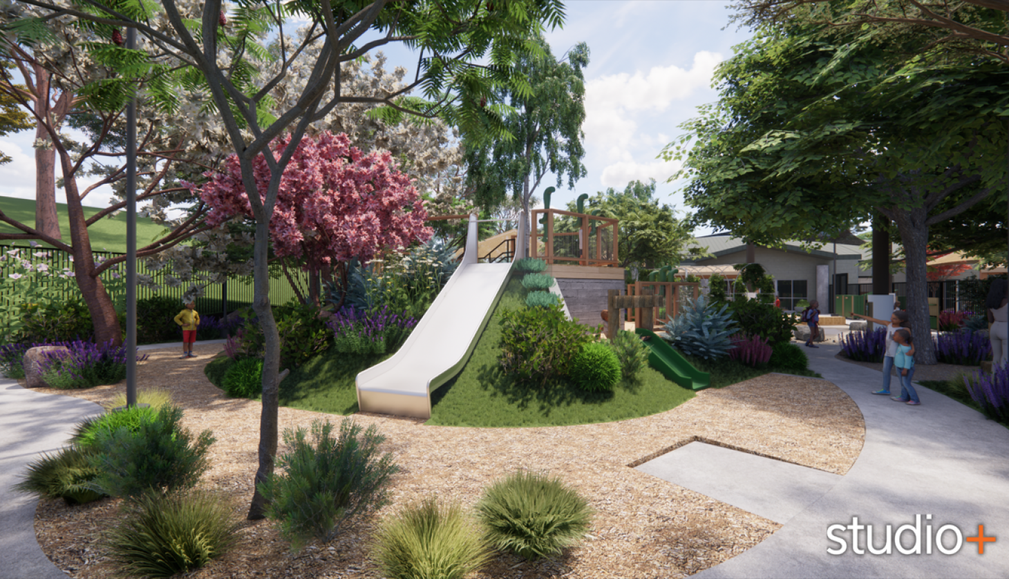 Rendering of a child's playground including a slide. 