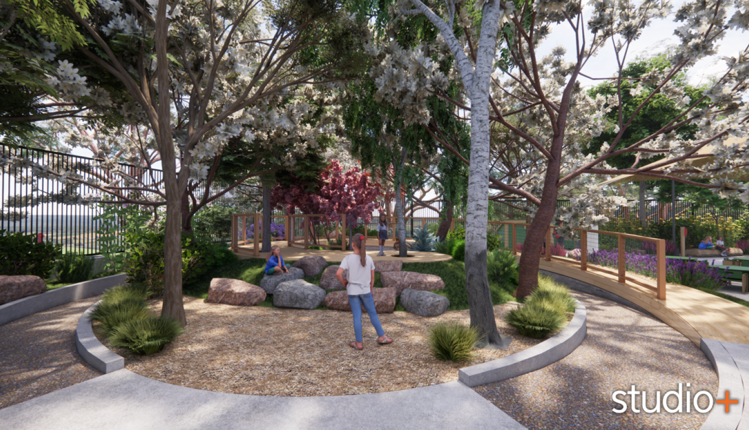 Rendering of a child's playground including a spiraling bridge.